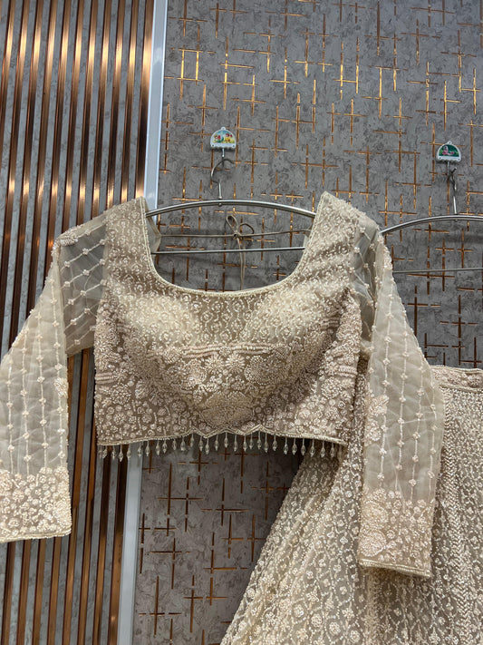 Cream White Floral Crop Top Lehenga