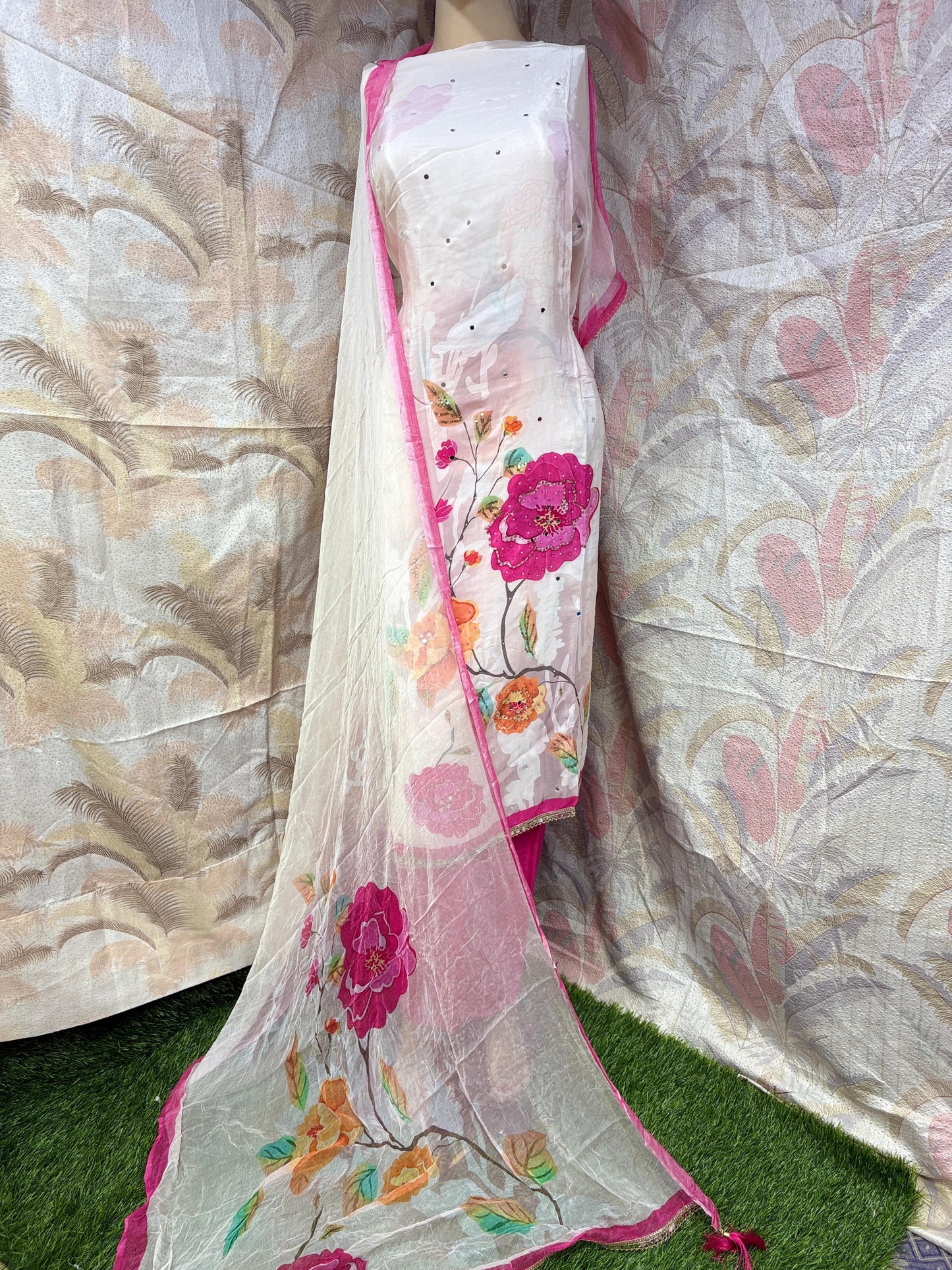 Awesome white pink suit dress material (free size)