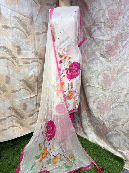 Awesome white pink suit dress material (free size)