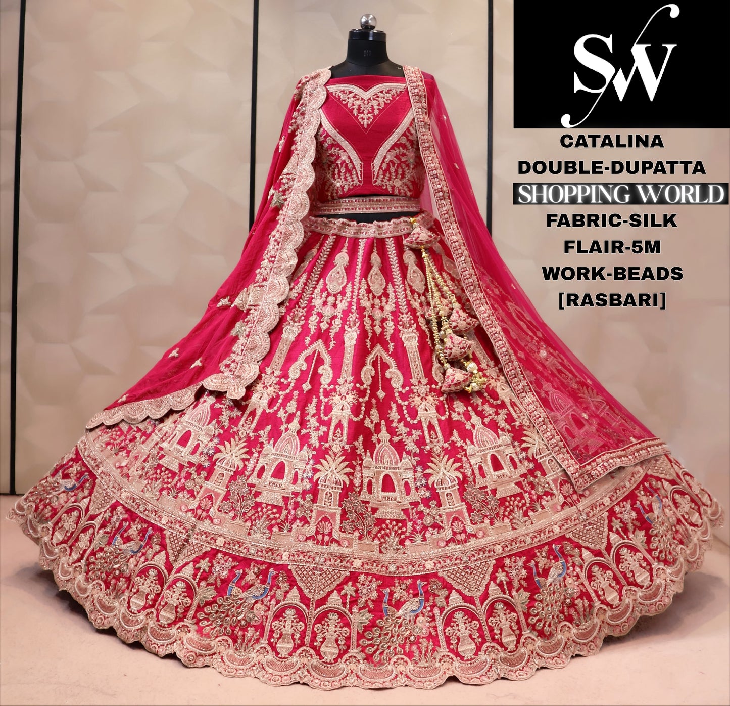 Rasbari cherry pink silk double dupatta bridal Lehenga