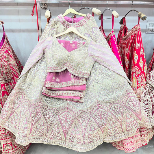 Charming White Pink Crop Top Lehenga
