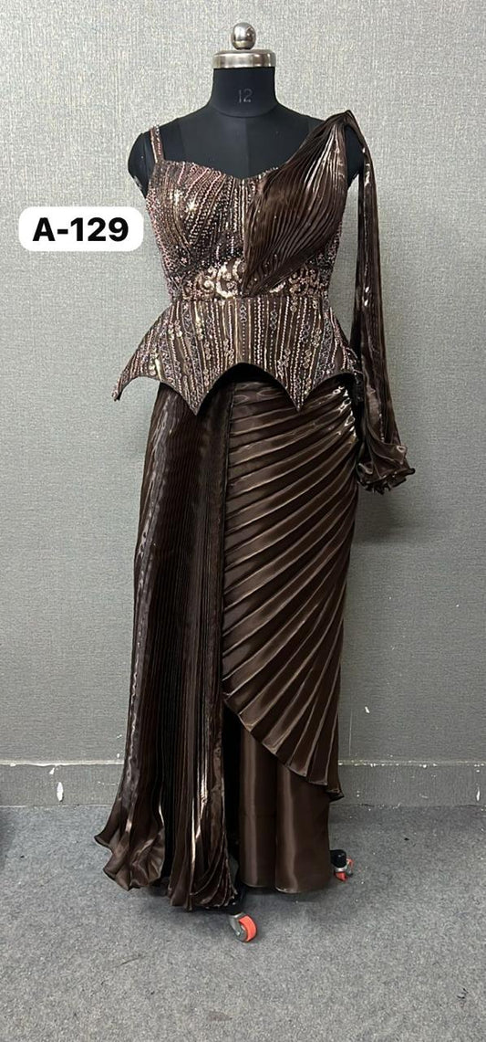Dark Brown Long Crop Top Lehenga