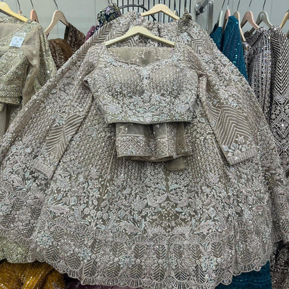 Beige Golden crop Top Lehenga