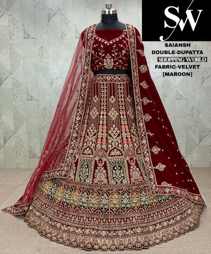 Majestic dark maroon Velvet bridal Lehenga