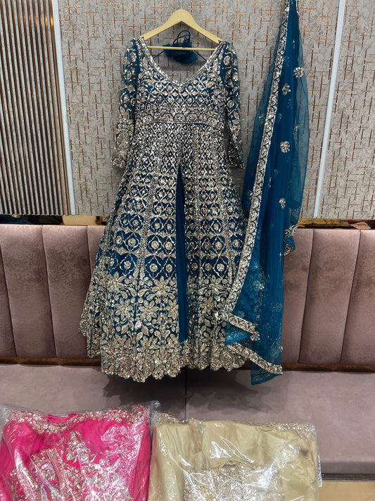 Teal Blue long peplum Dress Farshi Gaharara Dress Special - Shopping World