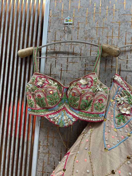 Beige Golden pdp Crop Top Lehenga