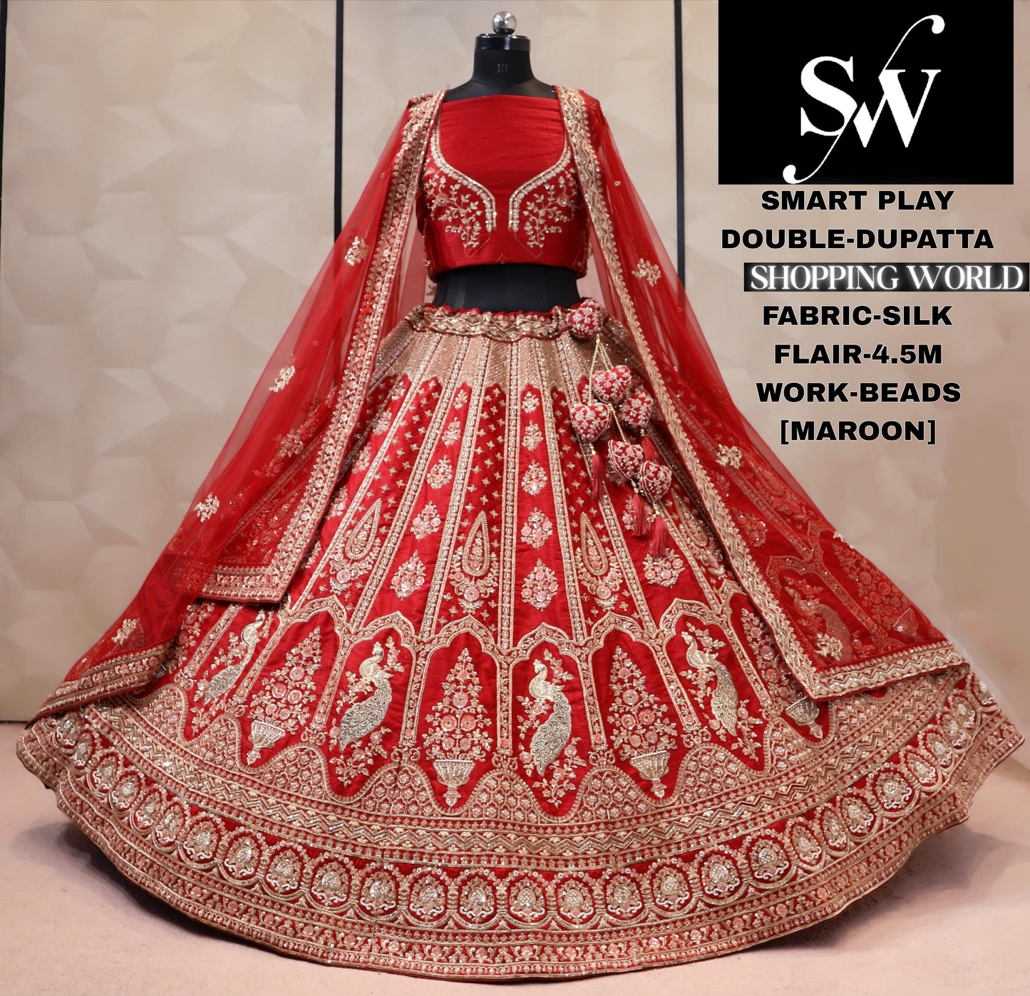 Rani pink silk double dupatta bridal Lehenga