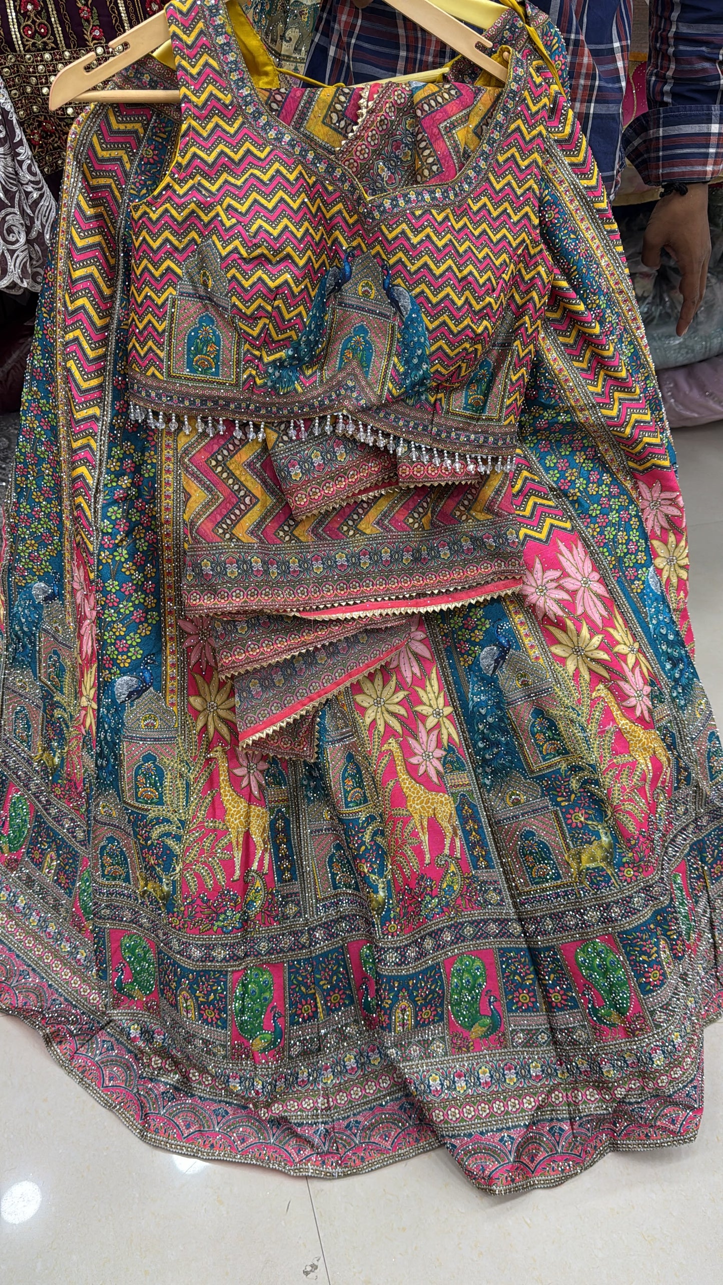 Yellow Pink Multicolour Crop Top Lehenga