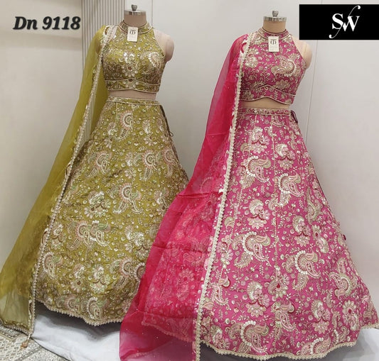 Baby Pink Green Crop Top Lehenga