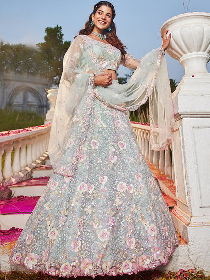 Pink Multi-Color Sequins Work Heavy Floral Embroidered Zarkan Mirror Lehenga