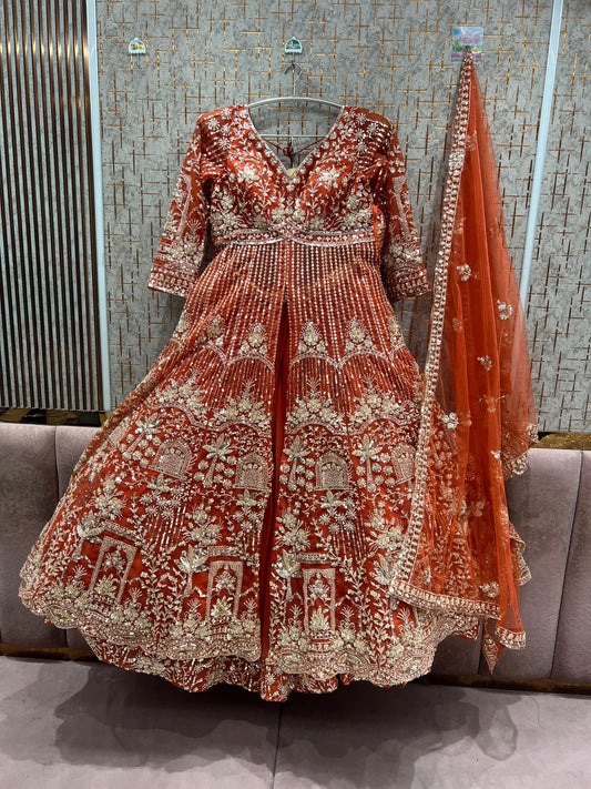 Rust Orange Farshi garara muslim Bride Long Indo Dress