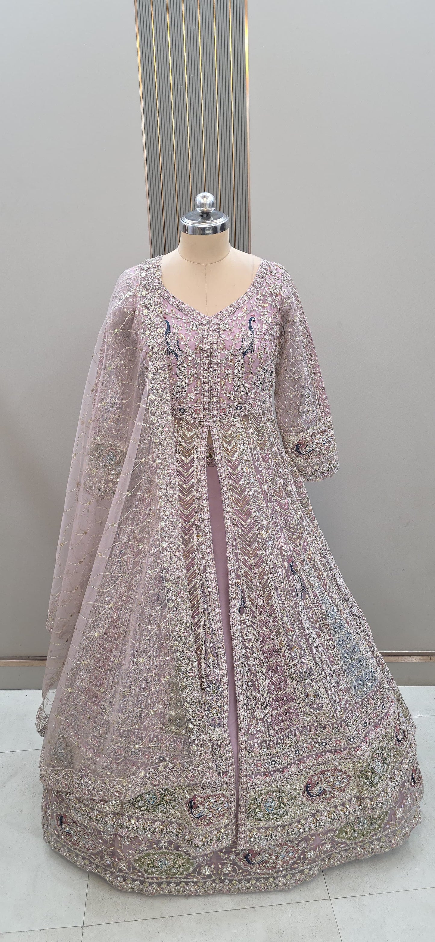 Eye catching Beige Golden peacock peplum long Dress Farshi Gaharara Dress Special