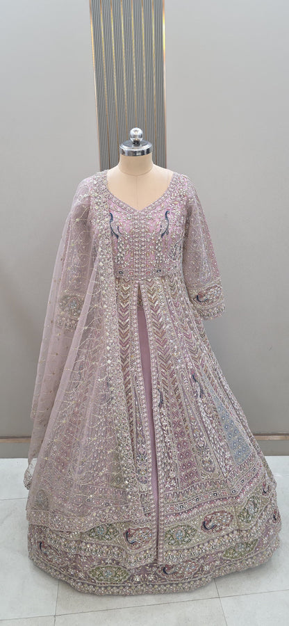 Eye catching Beige Golden peacock peplum long Dress Farshi Gaharara Dress Special