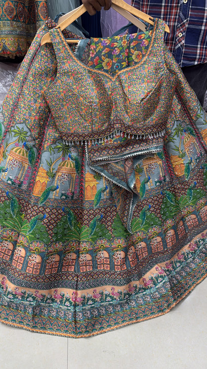 Pink Yellow Blue Double Shade Crop Top Lehenga