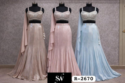 Pink Blue Golden Crop Top Lehenga