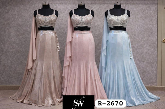 Pink Blue Golden Crop Top Lehenga