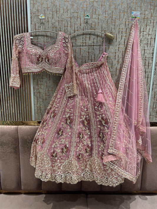 Baby Pink Peacock Crop Top Lehenga