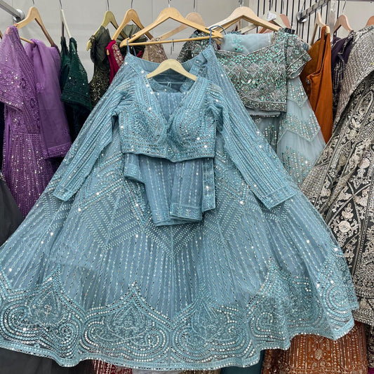 Sky Blue on Blue Monotone Crop Top Lehenga