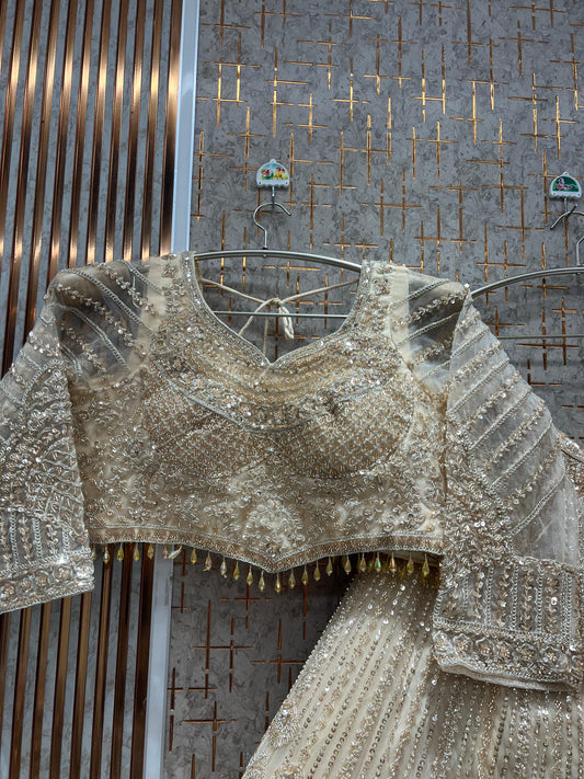 Something different Beige Golden crop top Lehenga