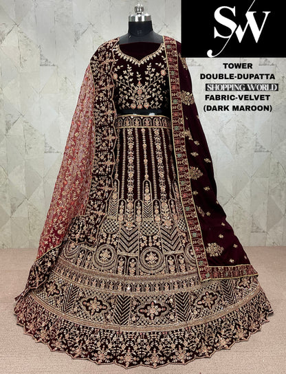 Glamorous dark maroon Velvet bridal Lehenga