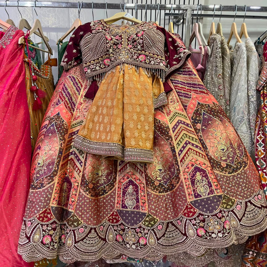 Mustard Maroon Multicolour Crop Top Lehenga