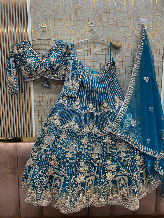Embellished Blue Crop Top  Lehenga