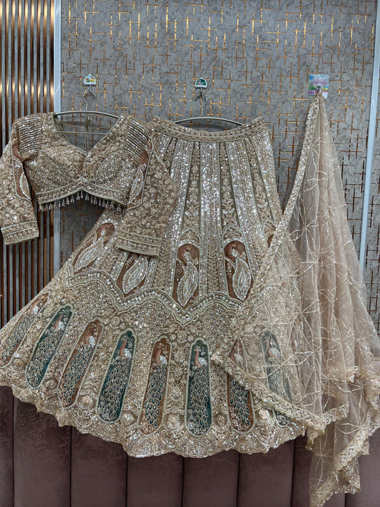 Double shade Beige golden Peacock Crop Top Lehenga