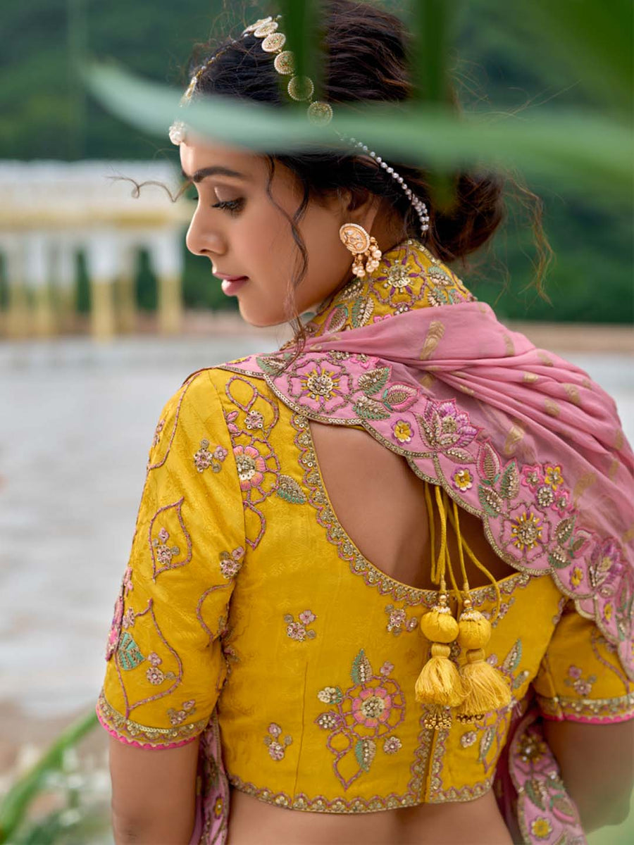 Yellow-Pink Shade Patch-Work & Cut-Work Silk Embroidered Semi Stitched lehenga