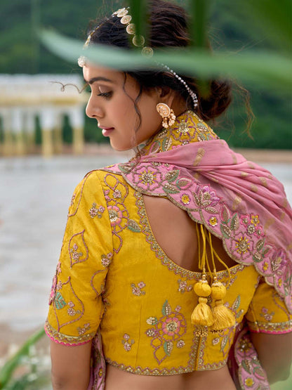 Yellow-Pink Shade Patch-Work & Cut-Work Silk Embroidered Semi Stitched lehenga