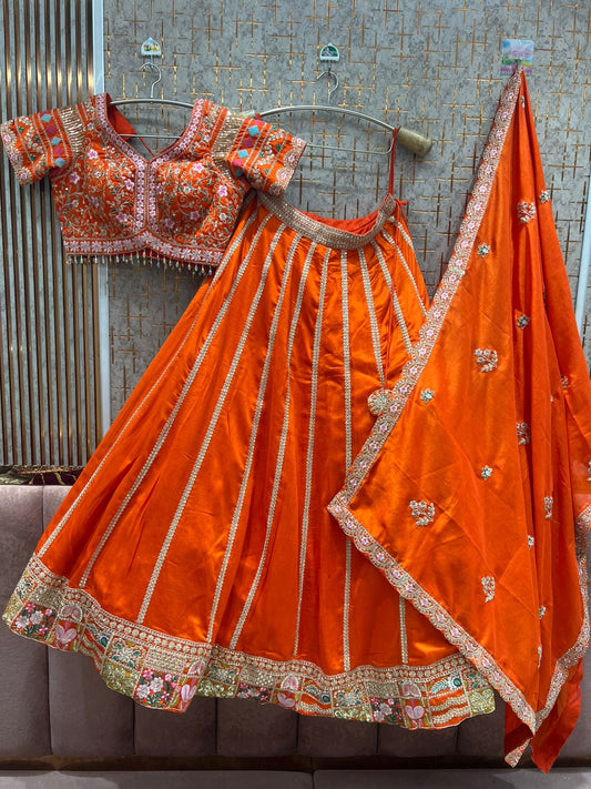 Embellished Orange Crop Top Lehenga