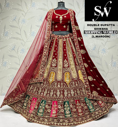 Lovely dark maroon Velvet bridal Lehenga