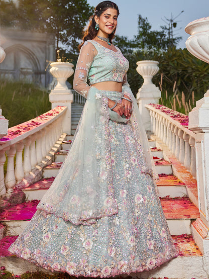 Pink Multi-Color Sequins Work Heavy Floral Embroidered Zarkan Mirror Lehenga