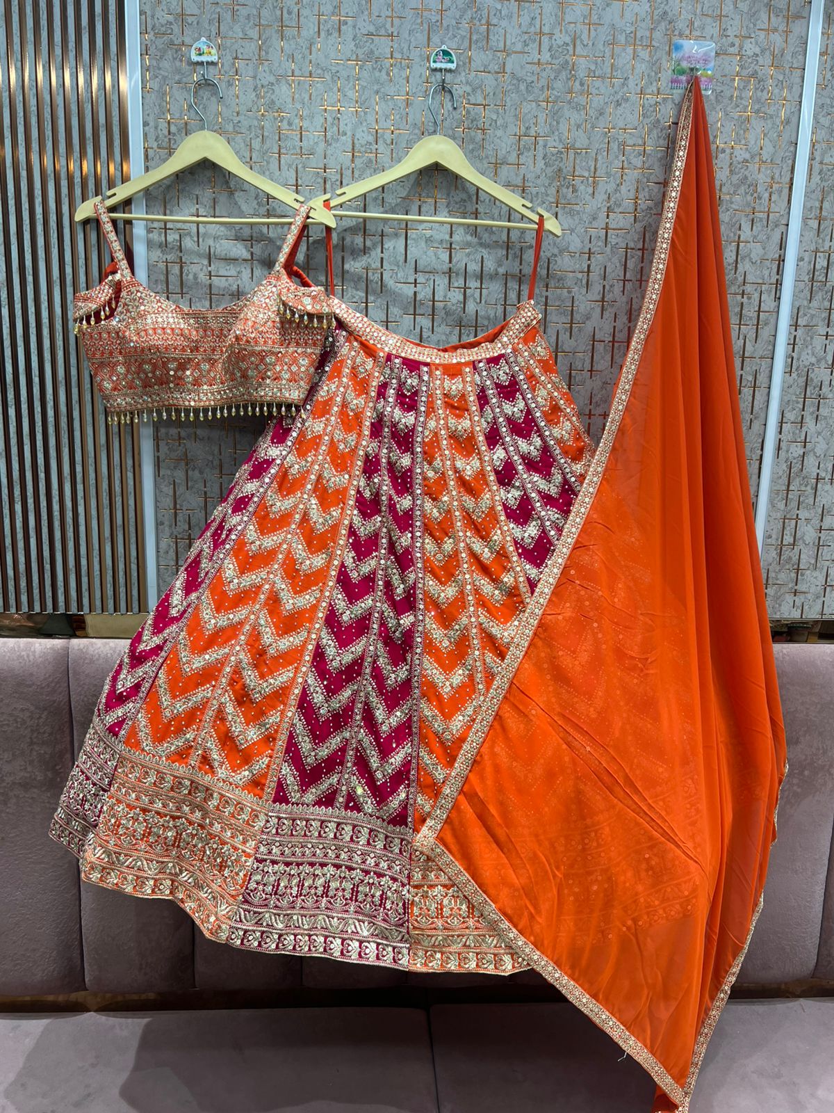 Hot Pink Orange Crop Top Lehenga - Shopping World