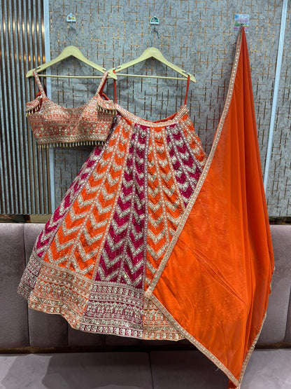 Hot Pink Orange Crop Top Lehenga - Shopping World