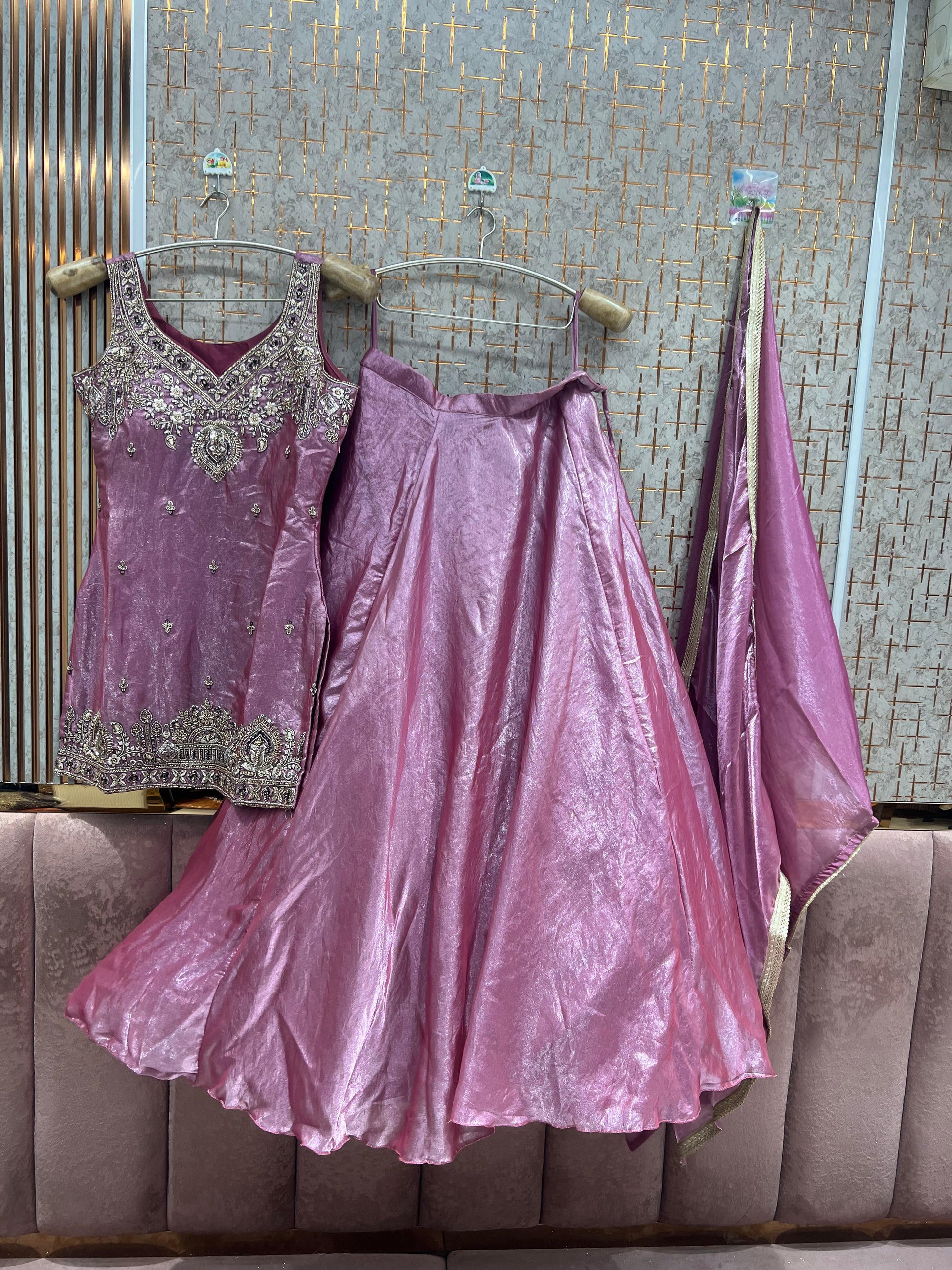 Pink Long Kurti Crop top Lehenga - Shopping World