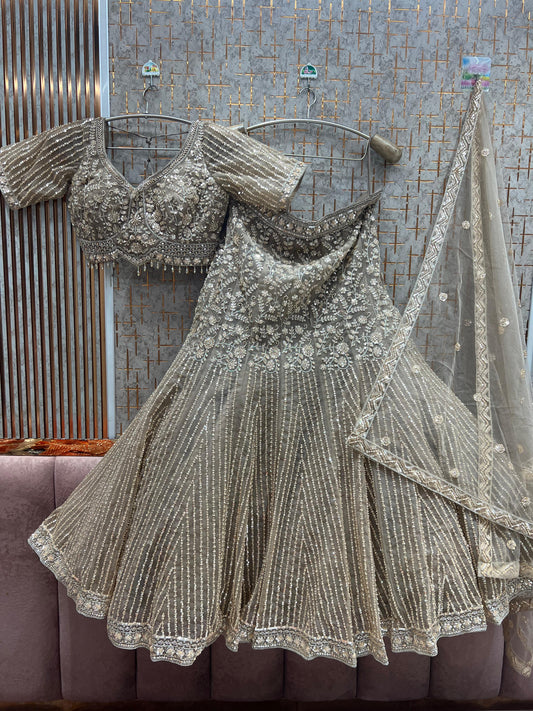 Designer Beige golden Fish Cut crop top Lehenga