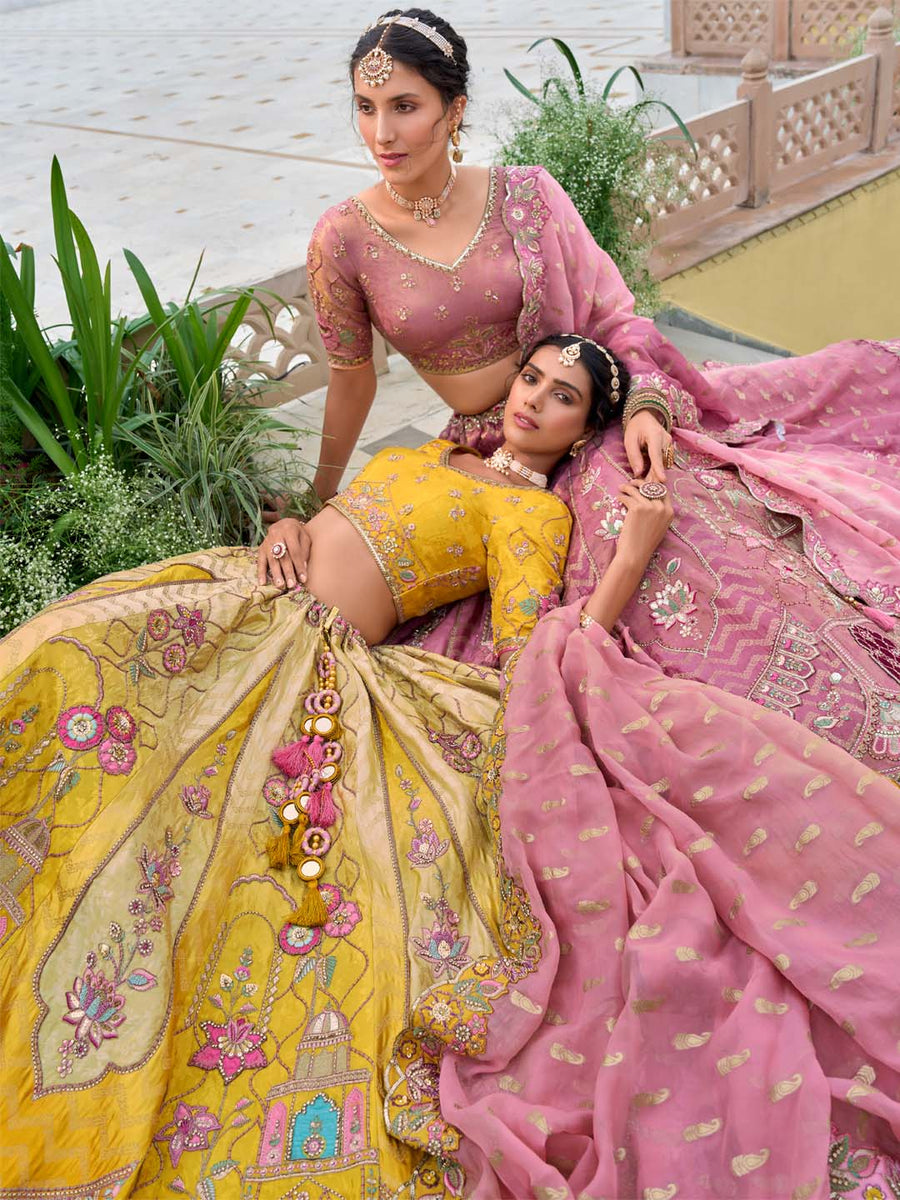 Yellow-Pink Shade Patch-Work & Cut-Work Silk Embroidered Semi Stitched lehenga