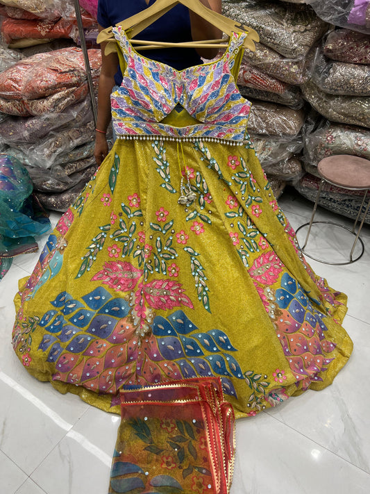 Yellow pink pdp Crop Top Lehenga