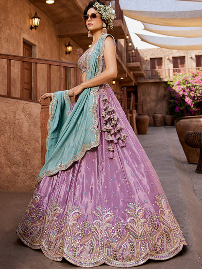 Satin Silk pink Fabric Sequins embroidery Semi-Stitched Lehenga choli & Dupatta lehenga
