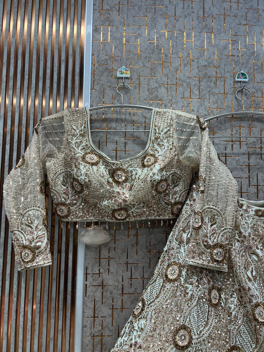Beige Golden Crop Top Lehenga