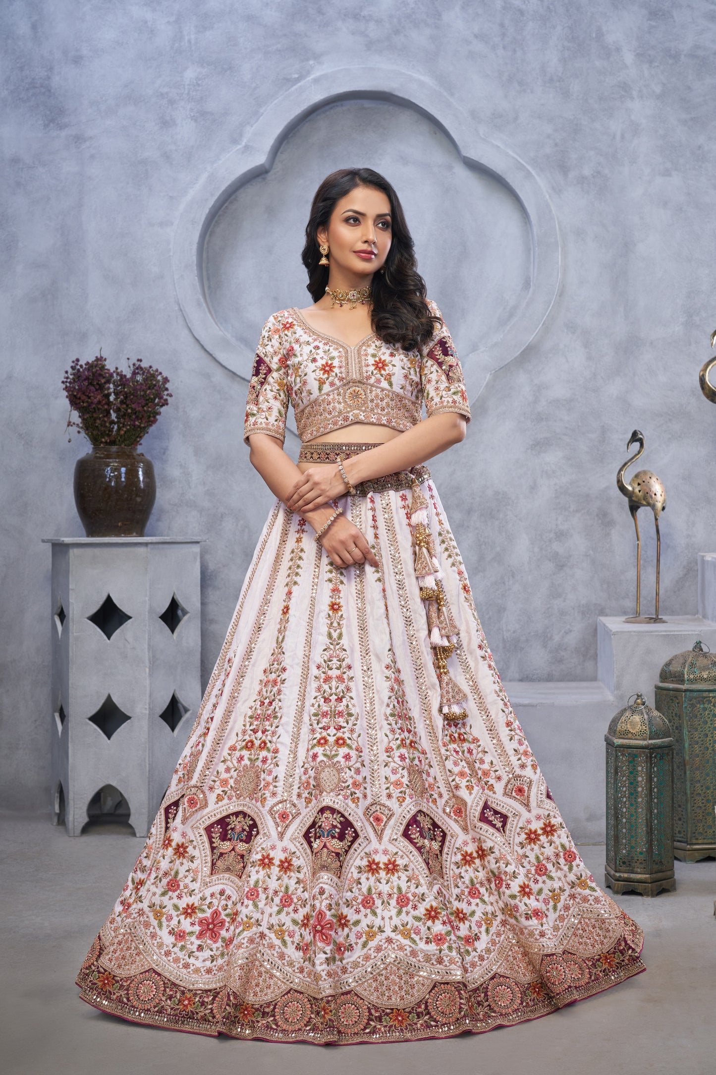 Lavishing light cream lehenga