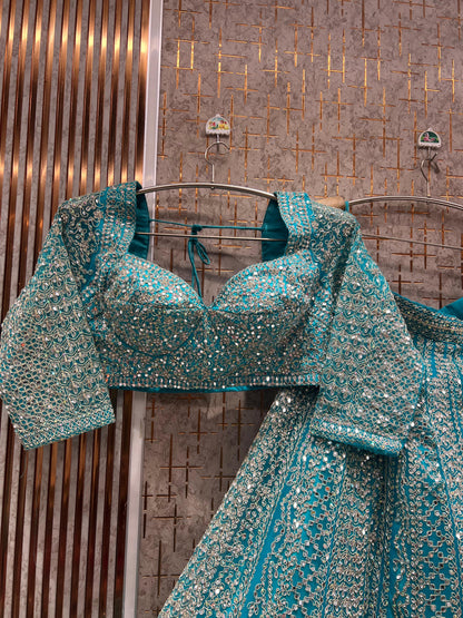 Attractive Hot pink Mirror work Crop Top Lehenga