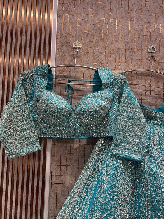 Fabulous Blue Mirror work Crop Top Lehenga