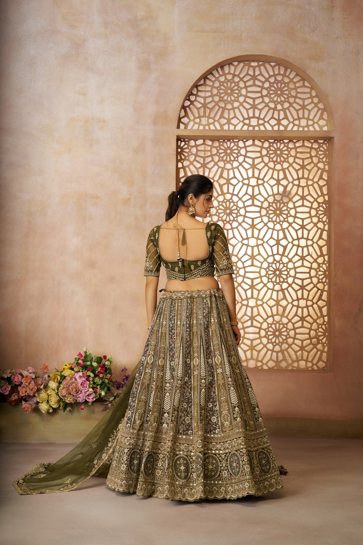 Good looking mehendi green girlish lehenga 04