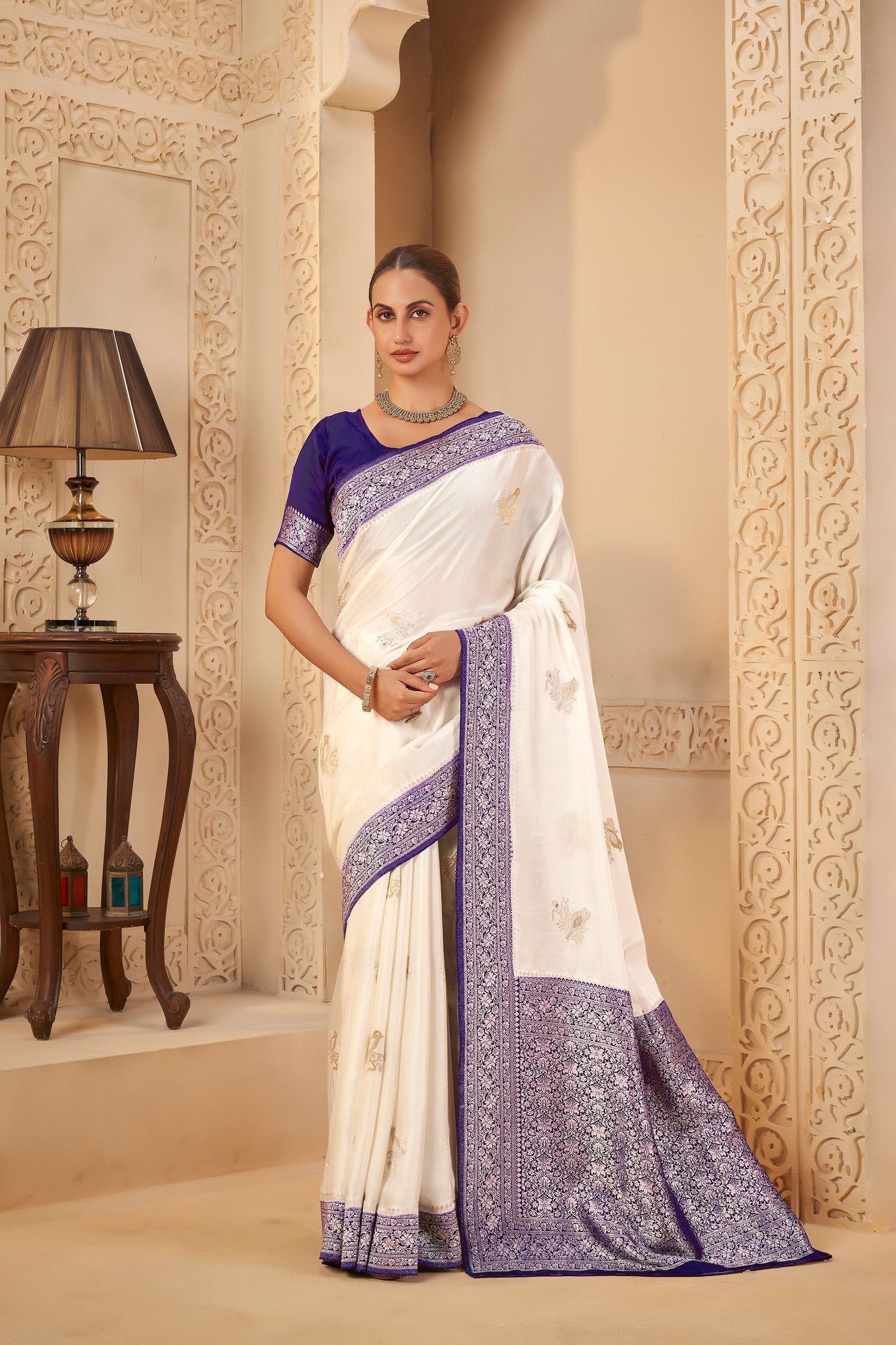 White Purple Mashru Silk Saree 6022