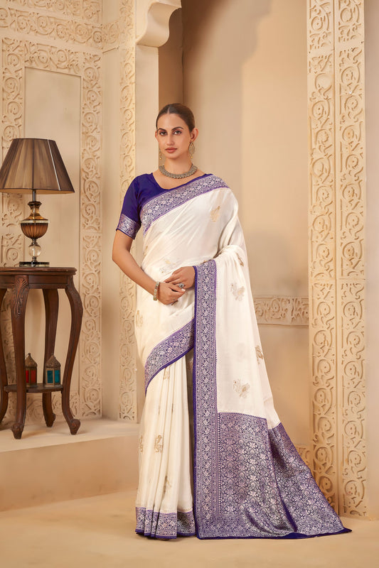 White Purple Mashru Silk Saree 6022