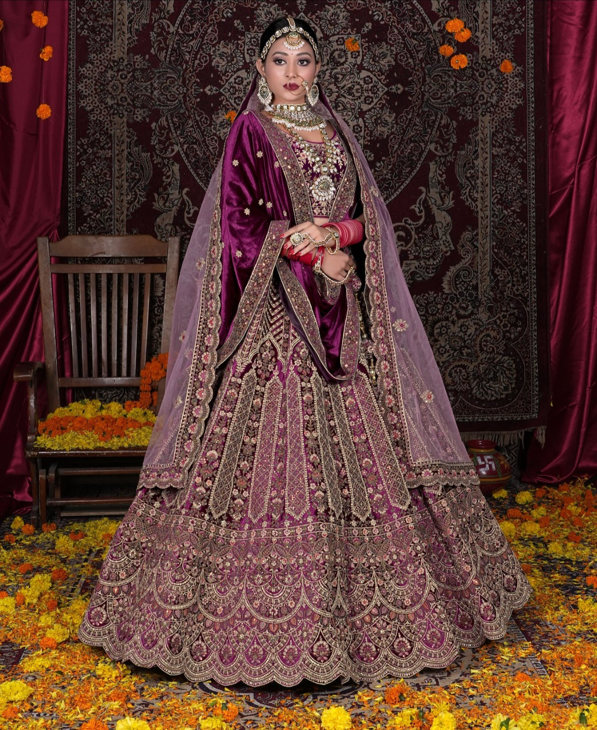 Hermosa lehenga nupcial duptta doble color granate