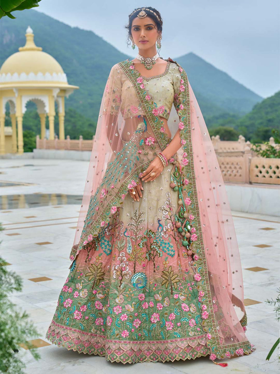 Green-Pink-Off White Heavy Embroidered Mirror Work Semi Stitched Lehenga