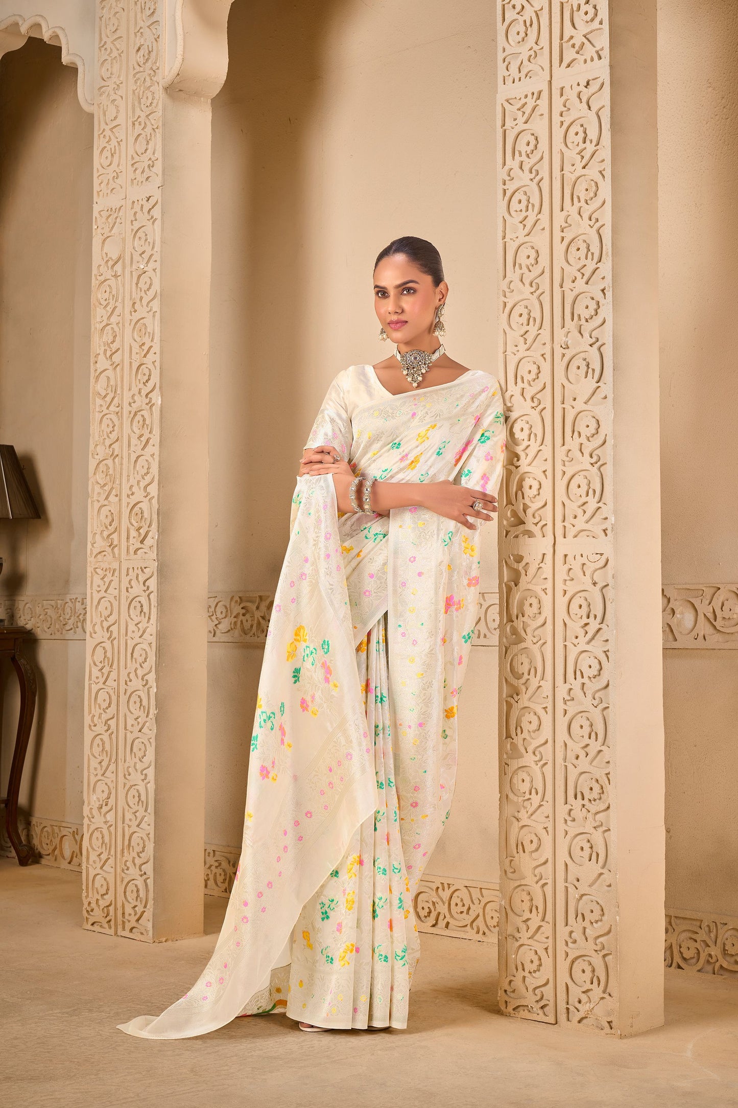 White Tussar Silk Saree 6053