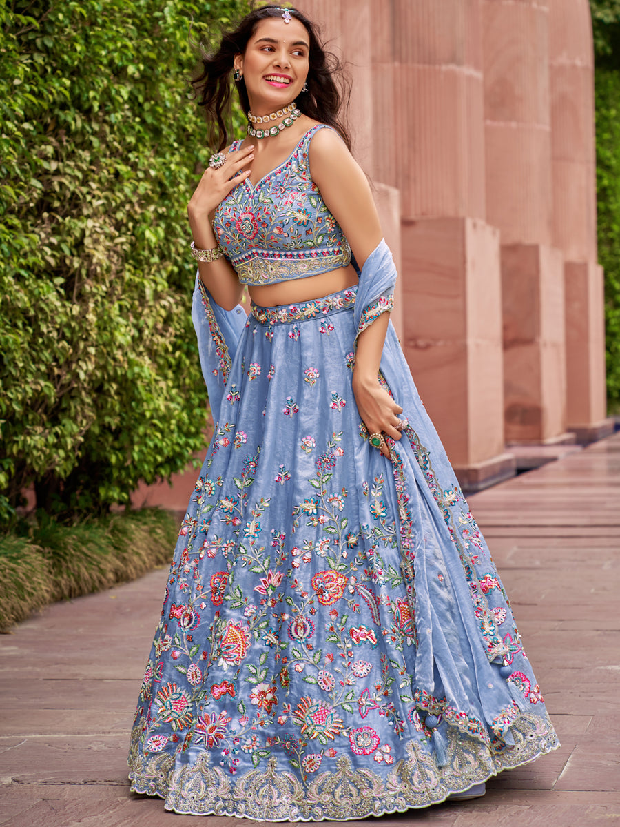 Multi-Color Sequined & Multi-Color Thread Mirror Embroidered Organza Lehenga